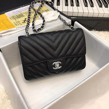 Chanel Mini Flap Bag Chevron Caviar Rectangular Black Silver 20cm