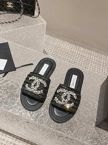 Chanel Black Rafia Crystal Mules Sandals