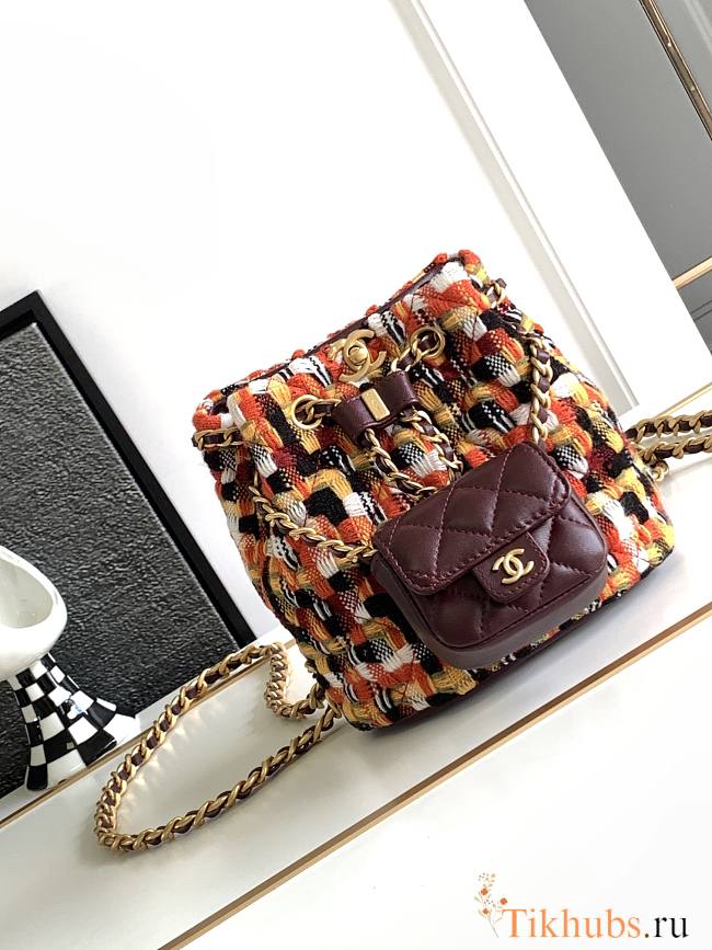 Chanel Small Backpack Wool Tweed Orange Black White  - 1