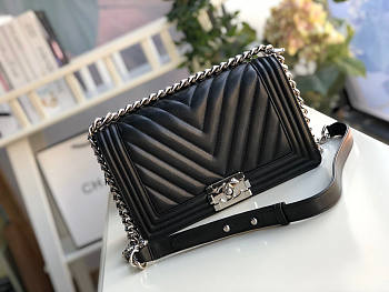 Chanel Leboy Bag Chevron Black Lambskin Silver Hardware 25cm