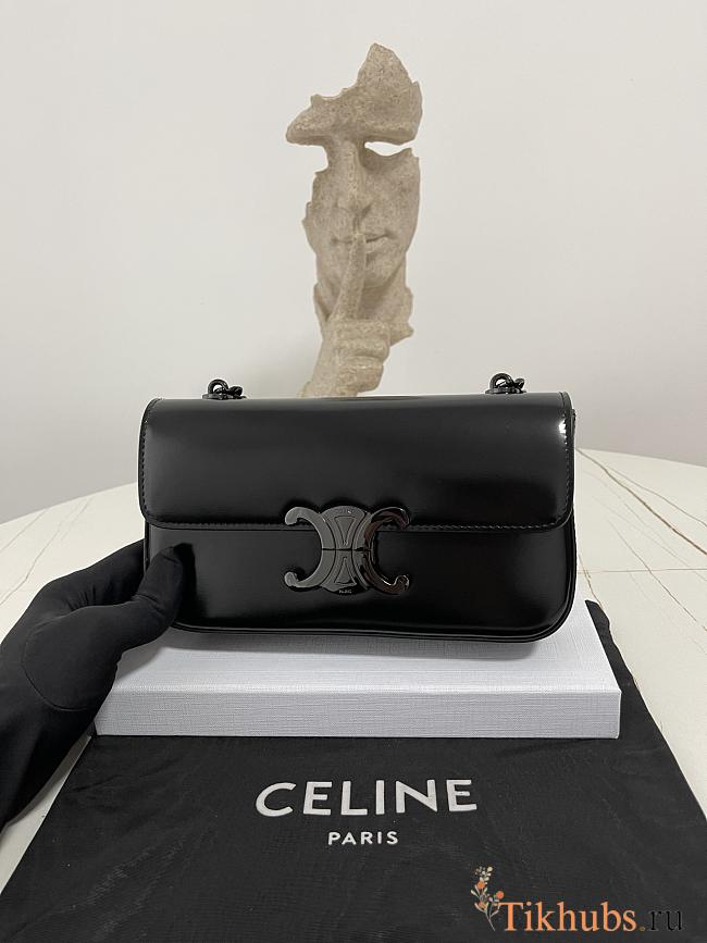 Celine Chain Shoulder Bag Triomphe Black Shiny 20.5x10.5x4cm - 1