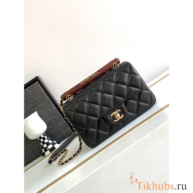 Chanel Small Handle Flap Bag Lambskin Wood Gold Black 21x13.5x6cm - 1
