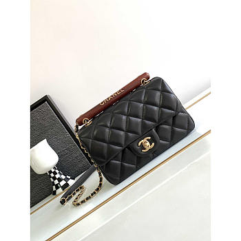 Chanel Small Handle Flap Bag Lambskin Wood Gold Black 21x13.5x6cm