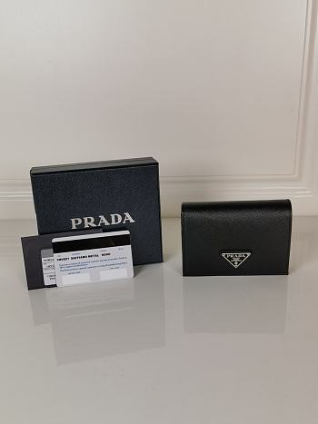 Prada Compact Wallet Saffiano Leather Black Silver 11.2x8.5cm