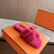 Hermes Classic H word Faux Fur Slippers Hot Pink - 5