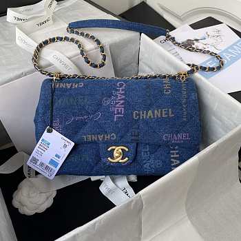 Chanel Large Flap Bag Printed Denim Blue 28x16x6cm