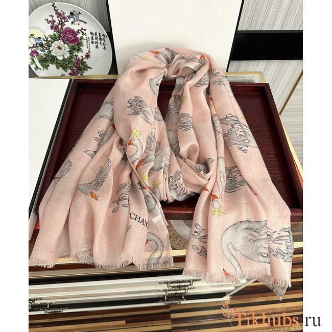 Chanel Swan Print Silk Scarf Pink 100x200cm - 1
