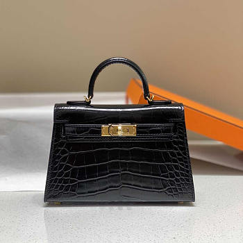 Hermes Black Shiny Alligator Mini Kelly 20 Gold Hardware 19cm