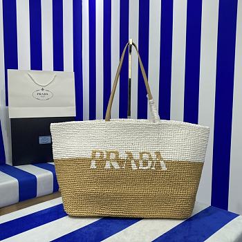 Prada Raffia Leather Tote Bag Tan White 38x31.5x15cm