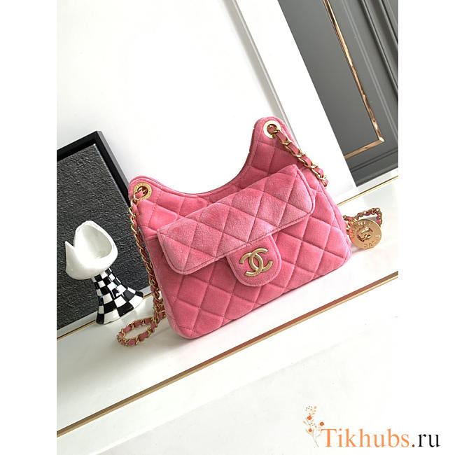 Chanel Small Hobo Bag Velvet Gold Pink 22.5x21.5x7cm - 1