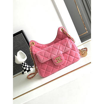 Chanel Small Hobo Bag Velvet Gold Pink 22.5x21.5x7cm