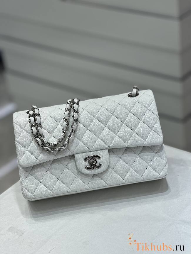 Chanel Medium Flap Bag White Caviar Silver 25cm - 1