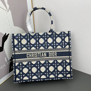 Large Dior Book Tote Beige and Blue Macrocannage Embroidery (42 x