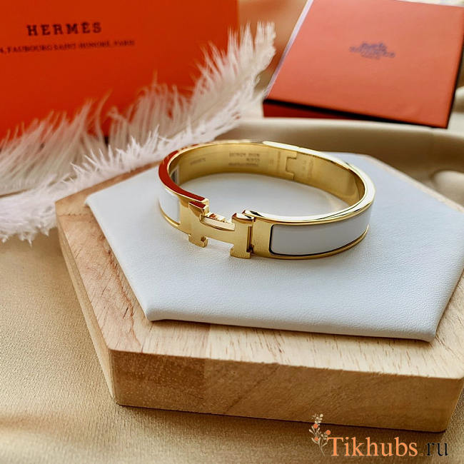 Hermes White Enamel Gold H Buckle Bracelet - 1