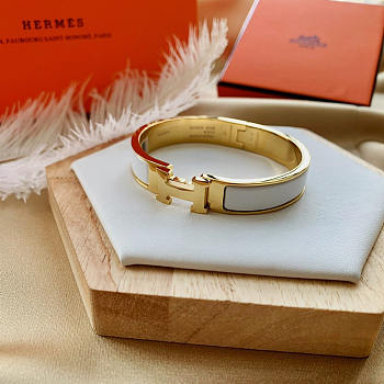 Hermes White Enamel Gold H Buckle Bracelet