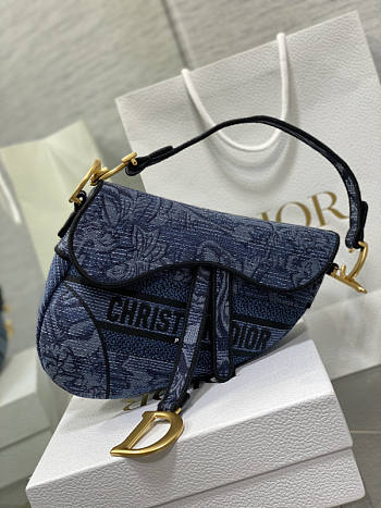 Dior Saddle Bag Denim Blue Albero Della Vita 25.5x20x6.5cm