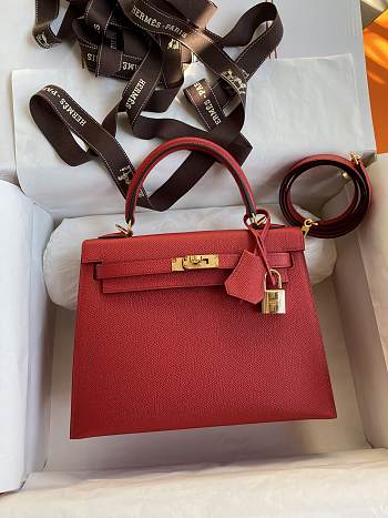 Hermes Gold Epsom Kelly 25 Gold Hardware Red 25x17x7cm