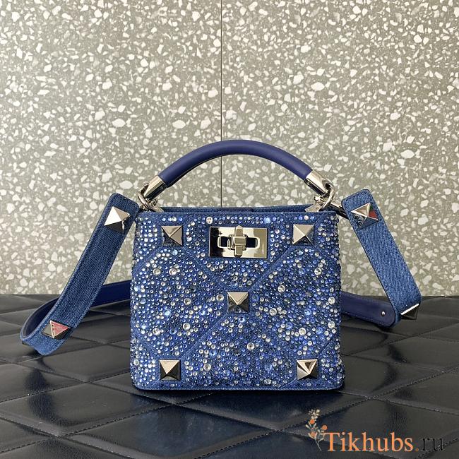 Valentino Roman Stud Denim Handbag Rhinestones Blue 20x15x9cm - 1