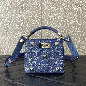 Valentino Roman Stud Denim Handbag Rhinestones Blue 20x15x9cm