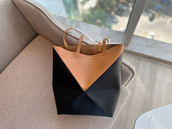 Loewe Puzzle Fold Tote In Shiny Calfskin Tan Black 31.5x25.5x14.5cm