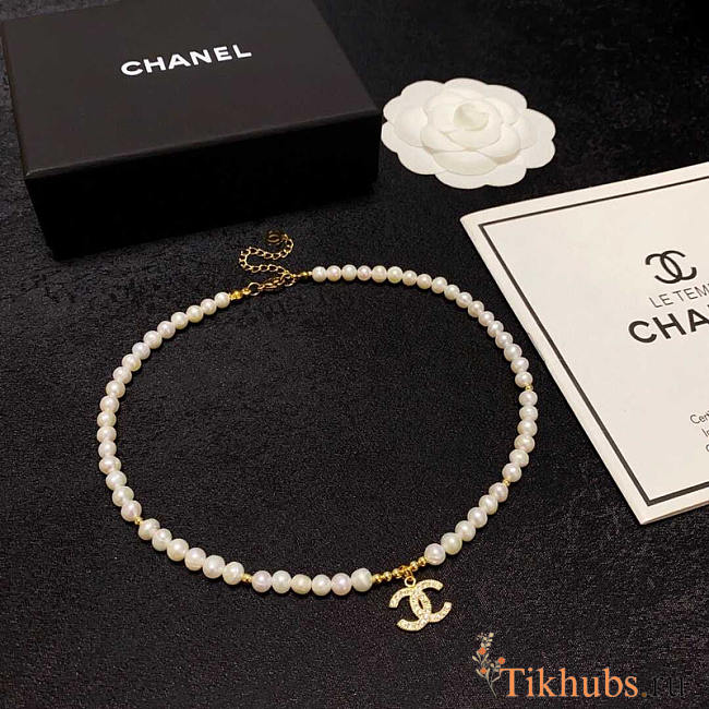 Chanel CC Crystal Pearl Necklace Gold - 1