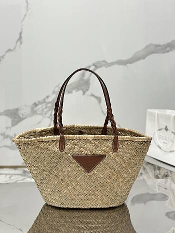 Prada Woven Palm and Leather Tote Beige Cognac 25x25x18cm