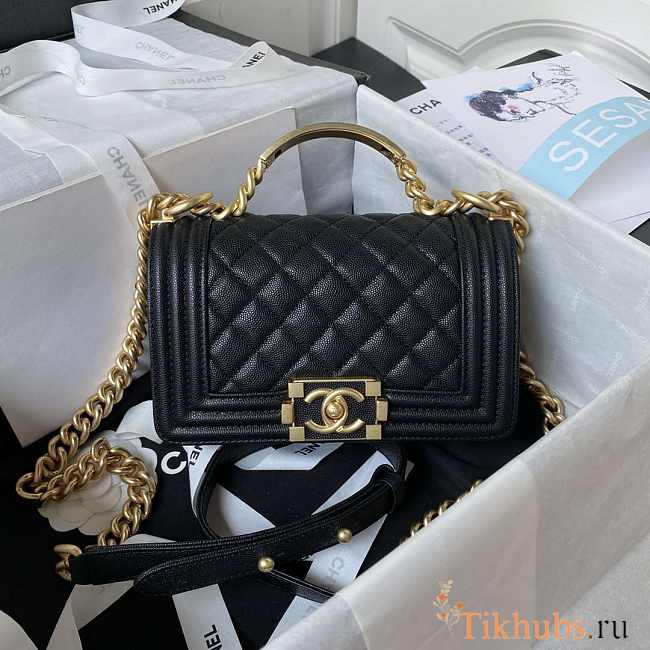 Chanel Boy Bag With Handle Caviar Gold Black 20x12x7cm - 1