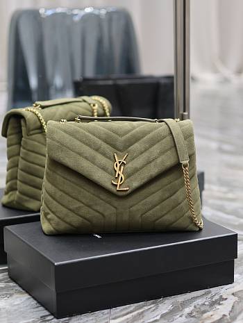 YSL Loulou Shoulder Bag Green Suede Gold 32x22x11cm