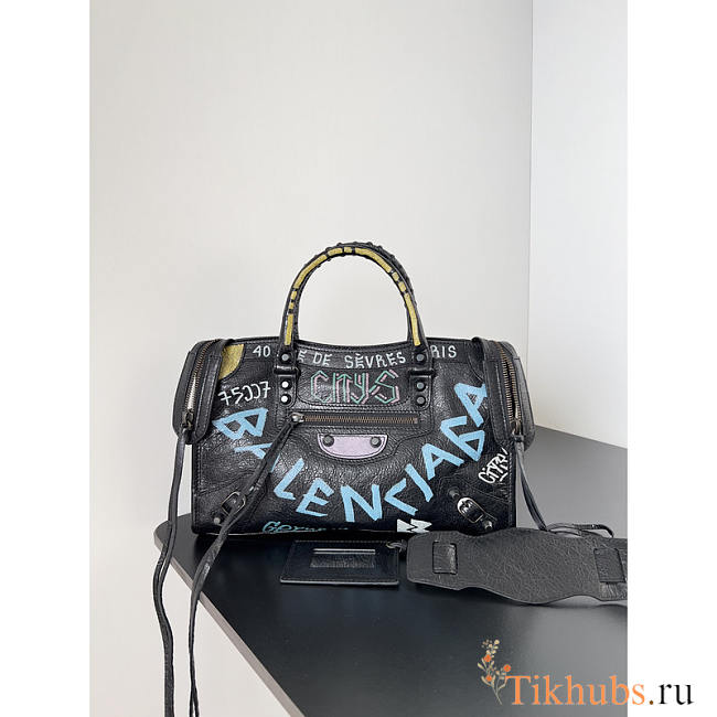 Balenciaga Agneau Graffiti Classic Hardware S City Handbag Black 30x20x10cm - 1