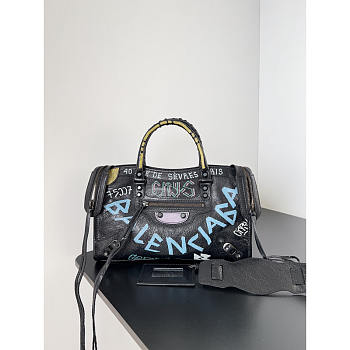 Balenciaga Agneau Graffiti Classic Hardware S City Handbag Black 30x20x10cm