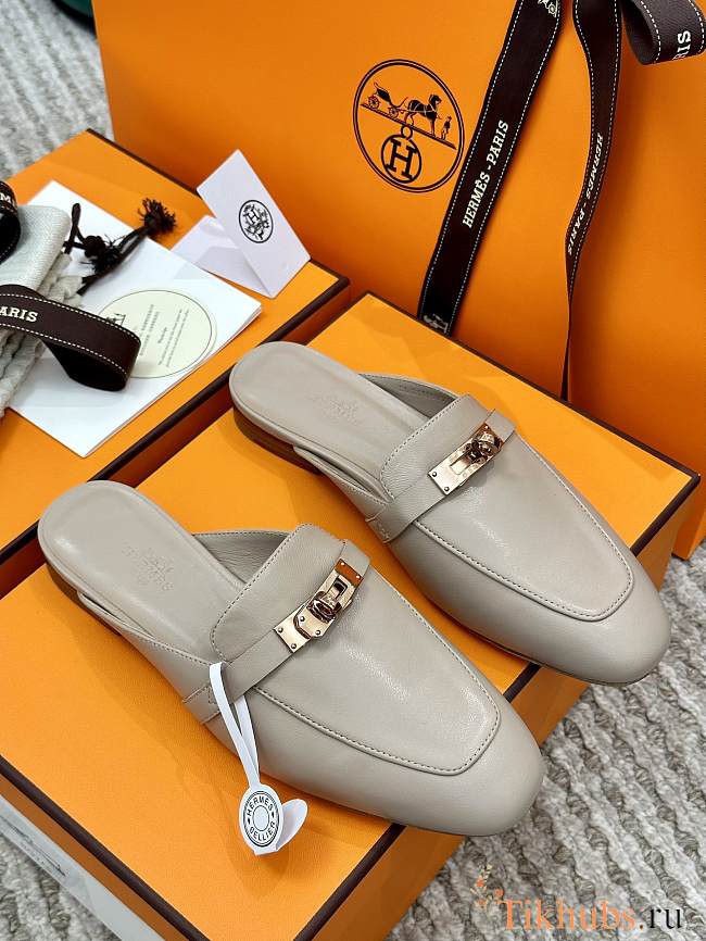 Hermes Grey Gold Mules - 1