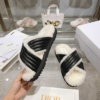 Dior D-Cross Slide Black Lambskin and White Shearling