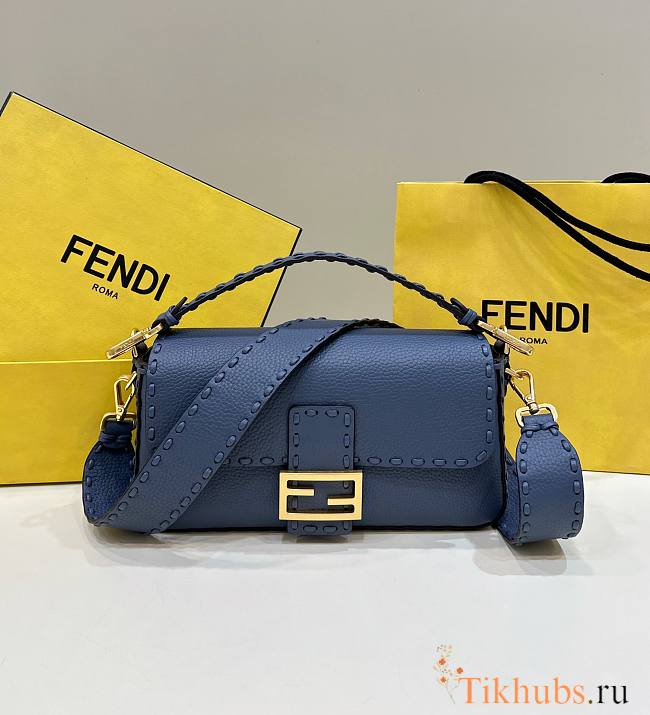 Fendi Baguette Camellia Selleria Bag Blue 27x15x6cm - 1