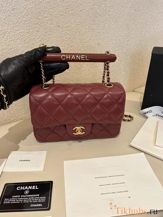 Chanel Small Handle Flap Bag Lambskin Wood Gold Wine Red 21x13.5x6cm - 1