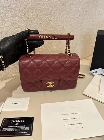 Chanel Small Handle Flap Bag Lambskin Wood Gold Wine Red 21x13.5x6cm