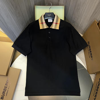 Burberry Check Collar Cotton Polo Shirt In Black