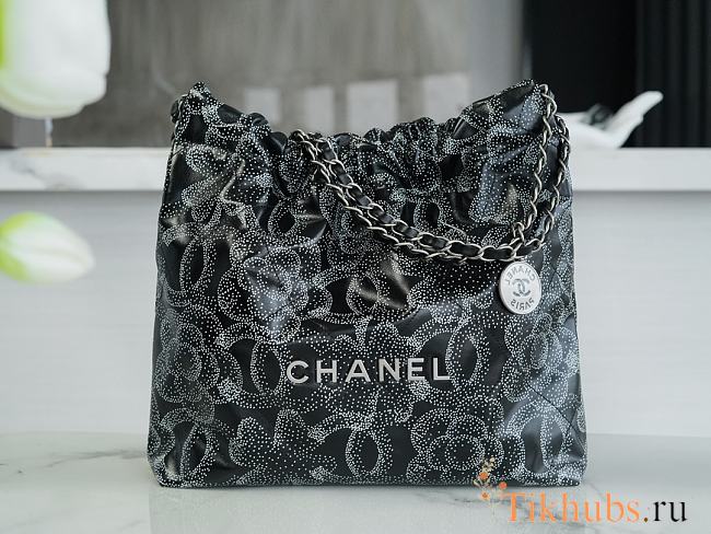 Chanel 22 Handbag Printed Calfskin Silver Black White 35x37x7cm - 1