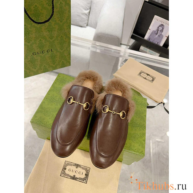 Gucci Princetown Brown Leather Fur Lined Horsebit Mules  - 1