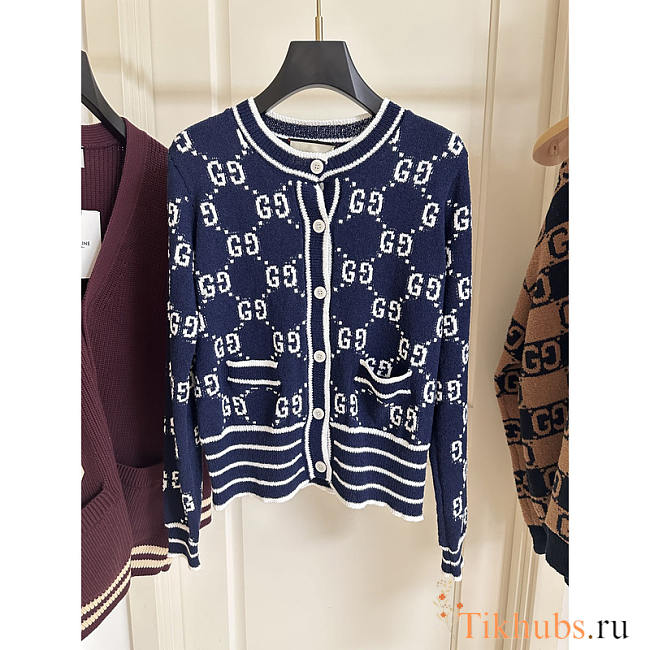 Gucci GG Cotton Jacquard Cardigan Navy Blue - 1