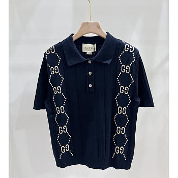 Gucci GG Kitted Cotton Polo Shirt Navy Blue