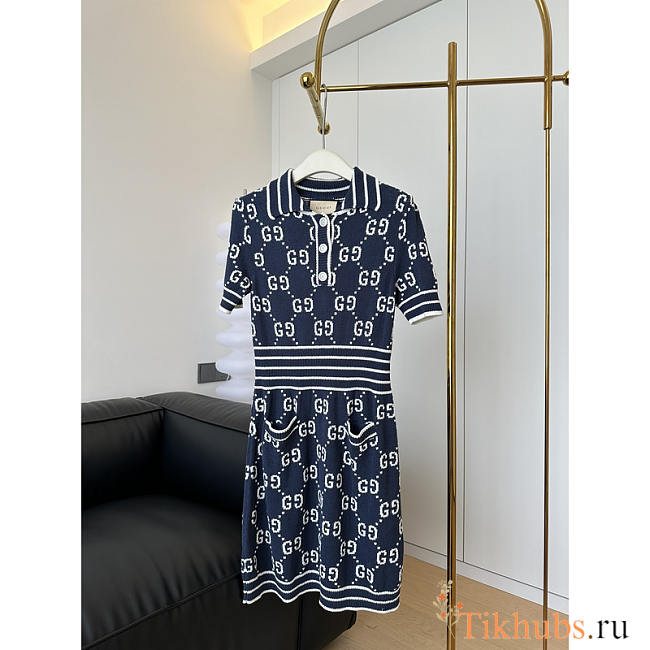 Gucci GG Cotton Jacquard Polo Dress Navy Blue - 1