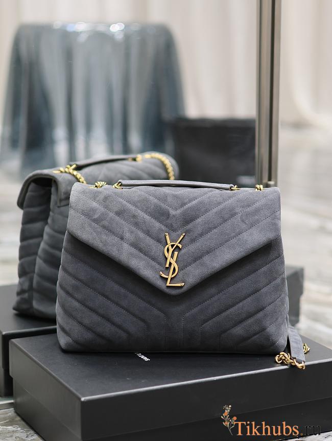 YSL Loulou Medium Chain Bag Suede Grey Gold 32x22x11cm - 1