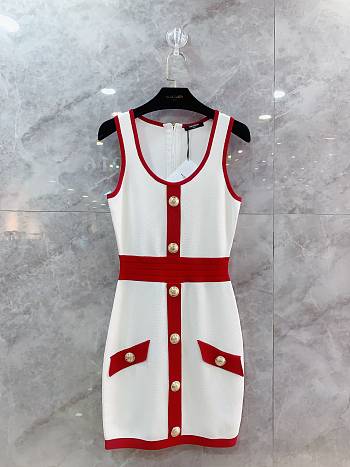 Balmain Red-trimmed Metal Buckle Clasp Slim Knit Dress Woman