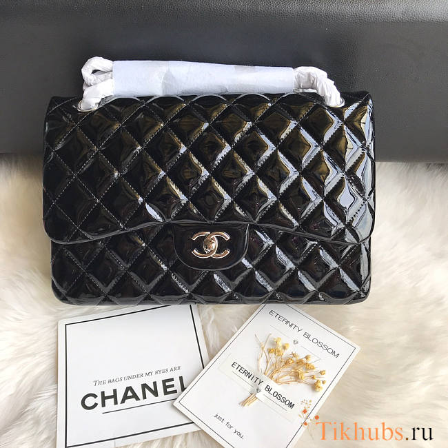 Chanel Jumbo Flap Bag Black Patent Silver 30cm - 1
