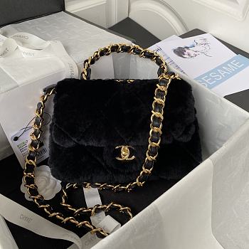 Chanel Flap Bag Top Handle Shearling Black 18x23x9cm