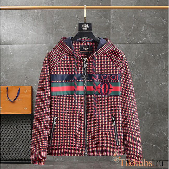 Gucci Geometric Houndstooth Canvas Jacket Blue/Red/Green - 1