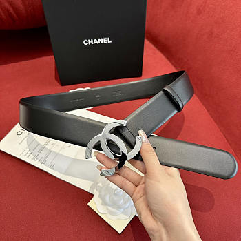 Chanel Silver CC Leather Belt Black