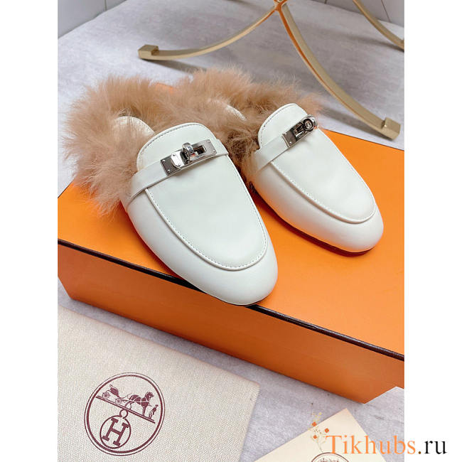 Hermes Fur Loafers Silver White - 1