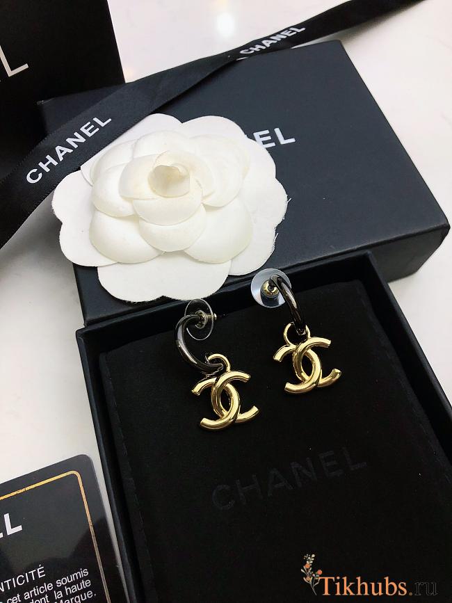 Chanel Gold CC Logo Drop Charm Ruthenium Hoop Earrings - 1