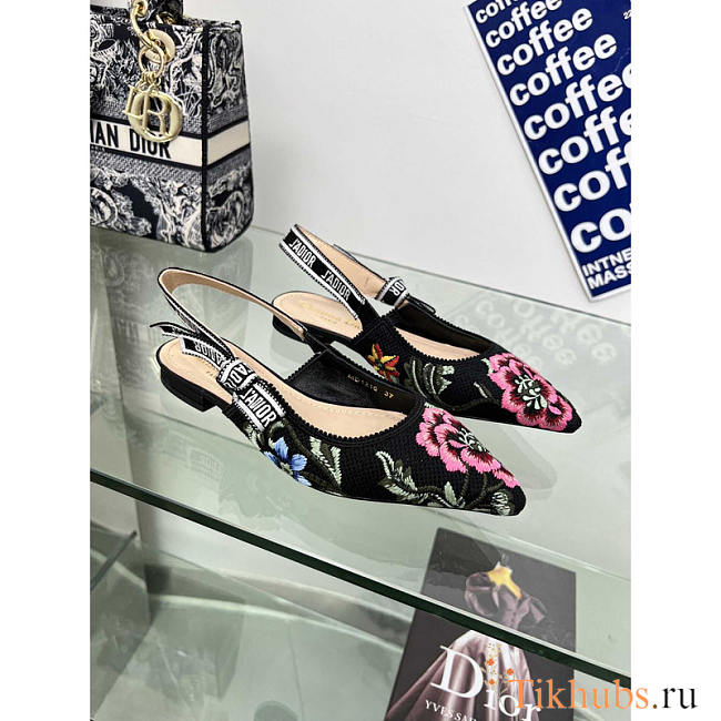 Dior J'Adior Slingback Flat Embroidered Cotton Black Multicolor - 1